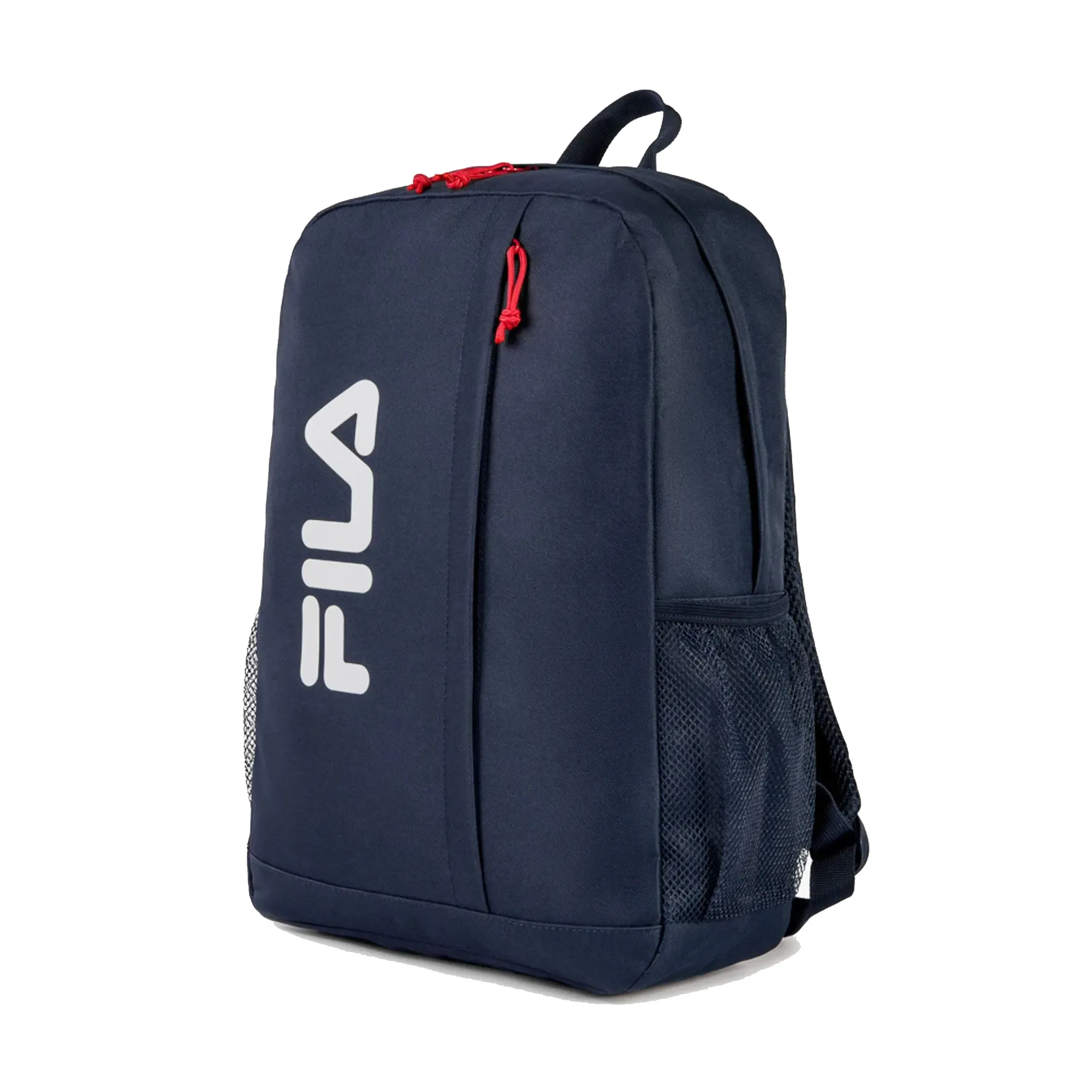 Mochila Fila Basic Letter vista em ângulo mostrando detalhes e alças ajustáveis